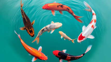 Colorful Koi Fish Swimming in Clear Blue Water