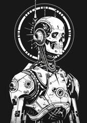 Futuristic Cyborg with Mechanical Skeleton in Black and White