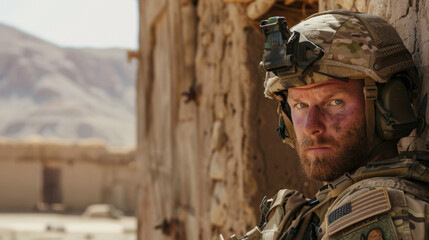 A portrait of a resolute american soldier in full gear, posing with his rifle against a wall