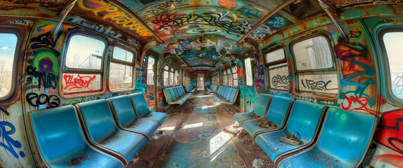 Inside of a abandoned train car with bright colored graffiti