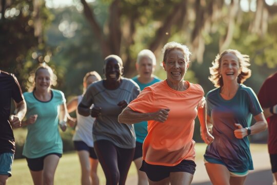 Multigenerational Group Running Outdoors for Public Health Campaign, Promoting Regular Exercise and Active Lifestyle