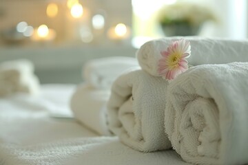 Obraz na płótnie Canvas Fresh white spa towels with a flower accent, creating a clean and inviting spa setting