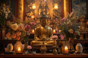 Obraz premium Serene Sanctuary: Golden Buddha Amidst Ancient Splendor