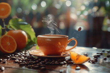 Fototapeta premium Steaming Coffee Cup with Coffee Beans and Bokeh