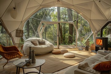 Modern and stylish geodesic dome interior with views of the tranquil forest environment