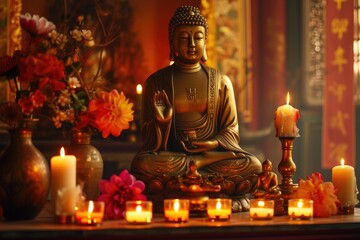 Fototapeta premium Tranquil Reflections: Buddha's Grace in Ornate Setting