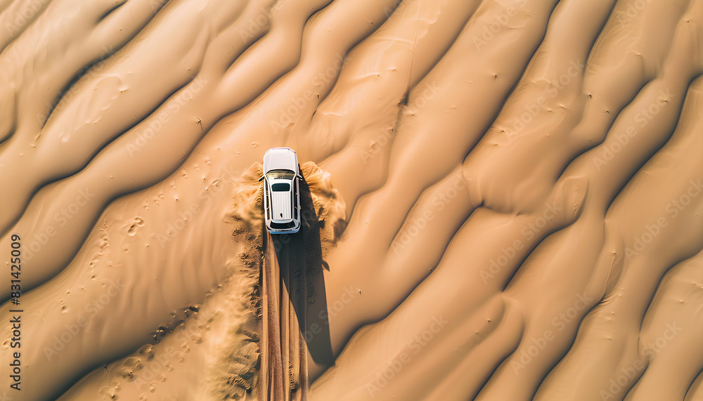 Wall mural car moves through deep sand in the desert top view