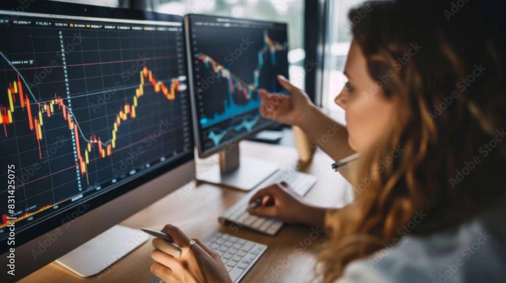 Poster Financial advisor discussing a line graph with a client, providing insights and recommendations for optimizing investment portfolios and wealth management