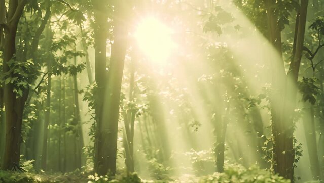 A forest filled with numerous green trees under a misty atmosphere, A misty forest shrouded in ethereal light