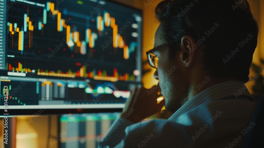 Aufkleber financial trader analyzing candlestick charts on a computer monitor, making strategic decisions base