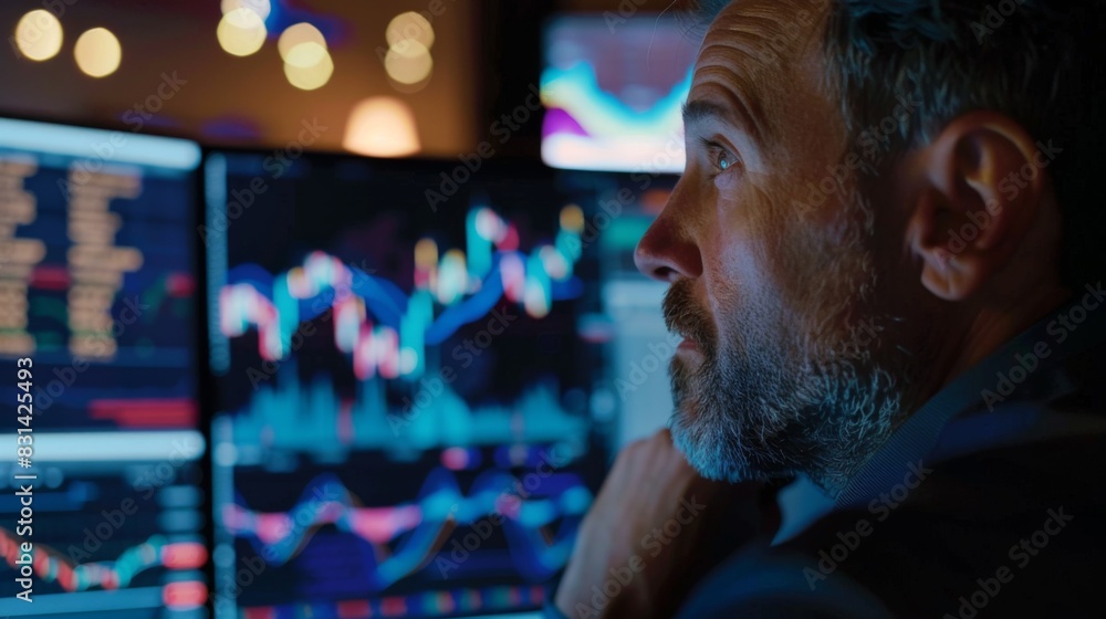 Leinwandbilder Financial trader analyzing candlestick charts on a computer monitor, making strategic decisions based on price movements and market trends