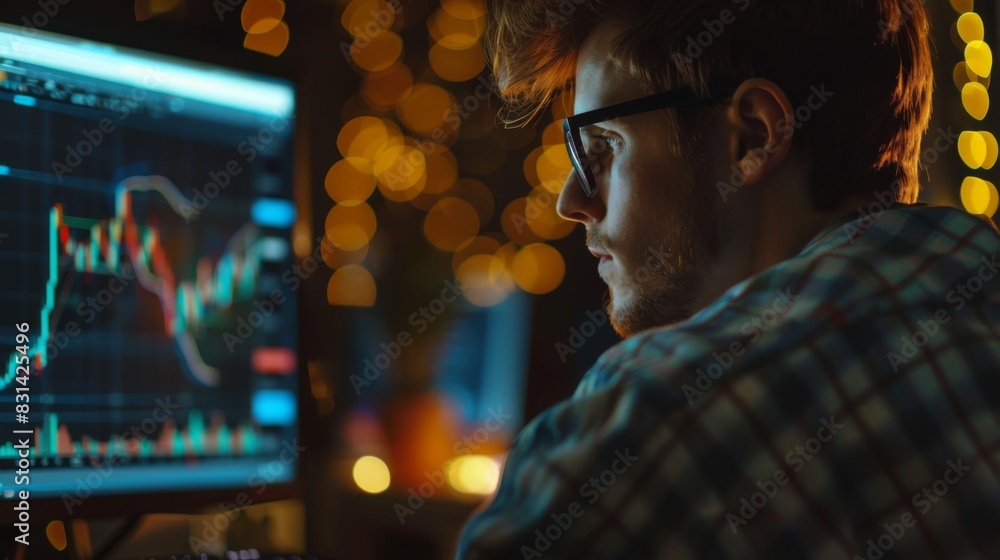 Aufkleber Financial trader analyzing candlestick charts on a computer monitor, making strategic decisions based on price movements and market trends