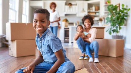 Family packing boxes, labeling and organizing items for their move to a new home