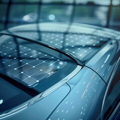 A close-up of a solar panel integrated into the roof of a hybrid car renewable energy in automotive technology detailed view photography shot with a macro lens