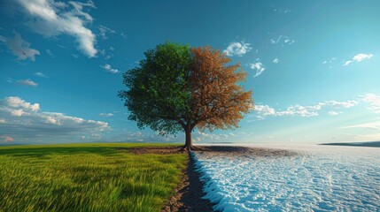 Tree in summer and winter. A tree with half green on green grass and half withered on snow.