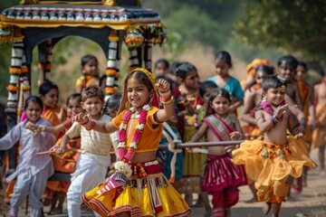 Festive Joy of Children Dancing in Traditional Attire During Rath Yatra Celebration - Ideal for Cultural Event Posters