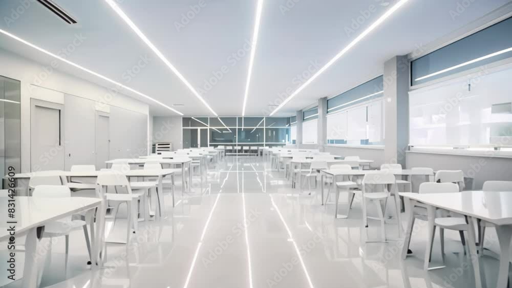 Poster a modern classroom with white tables and chairs arranged neatly in rows, a modern school setting wit
