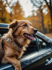 Happy canine leans out of a car window, tongue wagging, fur rustling in the autumn wind, reveling in the joy of the journey.