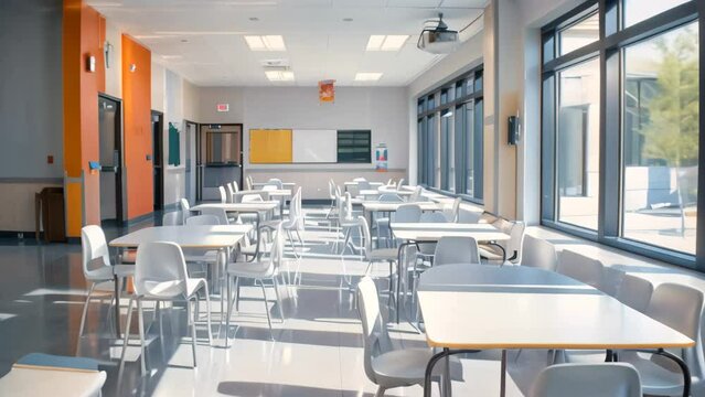 A modern school room filled with numerous white tables and chairs, A modern school setting with sleek white furniture and decor
