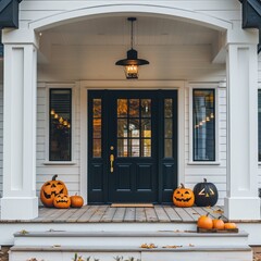 Obraz premium Autumn porch adorned with Halloween pumpkins.