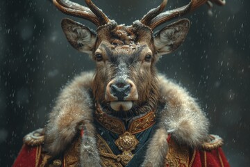 A deer with antlers, wearing a red coat and royal crown