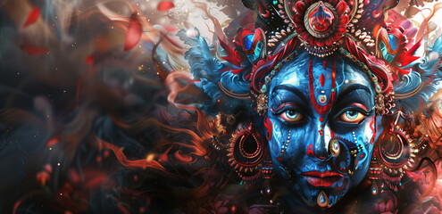 Close-Up of Indian Goddess Kali Maa with Fiery Ornaments and Intense Stare.