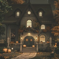 Obraz premium Spooky autumn evening at a decorated house with pumpkins.