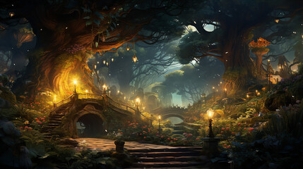 a magical forest with large trees, glowing mushrooms, and a stone bridge.