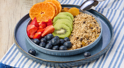 Granola with strawberries, kiwi, banana and blueberries in a round plate on a white table.