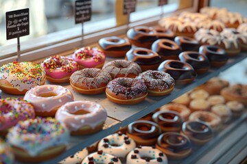 Freshly baked donuts with various toppings and icings presented in a bakery case
