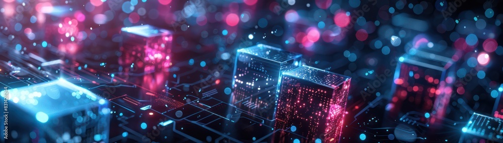 Poster abstract digital landscape with glowing neon cubes and bokeh lights. futuristic technology and cyber