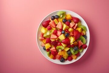 Fruit salad in a bowl on a pink background with copy space, in a top view. A fresh healthy food concept. colorful fruit bowl filled with tropical fruits in a white plate. fresh summer dish