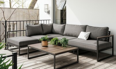 A gray outdoor use cushion sofa with metal table legs and dark brown wood grain top with black frame coffee table