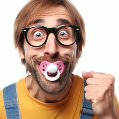funny man like a baby with a pacifier in his mouth Isolated on white background