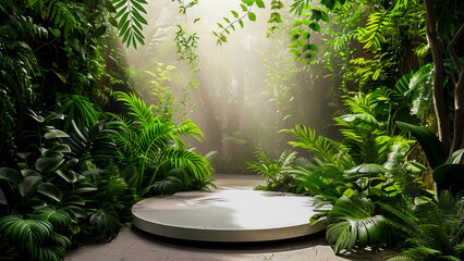 A stunning tropical forest scene with lush green plants and sunlight filtering through the leaves, creating a serene and tranquil atmosphere.