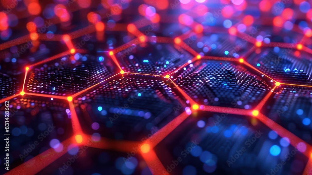 Poster close-up of a futuristic hexagon pattern with glowing red and blue lights, representing advanced tec