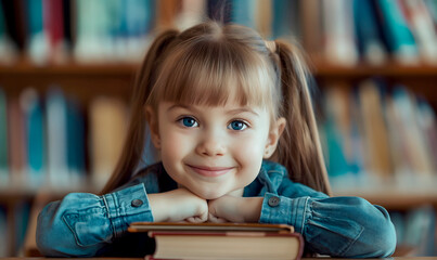 Cute girl with ponytails, smiling and leaning on books in the library. Perfect for International Literacy Day campaigns, showcasing community reading initiatives and educational activities.
