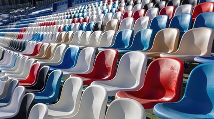 Grandstand at the stadium is vacant prior to events and games Rows of chairs are in white red and...