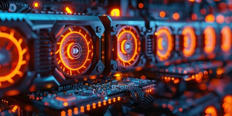 Obraz premium Close-up of a powerful cryptocurrency mining rig with multiple graphics cards illuminated by vibrant orange LED lights.