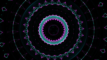Glow sci fi symmetrical construction. Vj loop trendy neon tunnel. hi tech neon tunel. Sci-fi flight through cyberspace with symmetry. Video game or vj night club background with neon. 3D Illustration