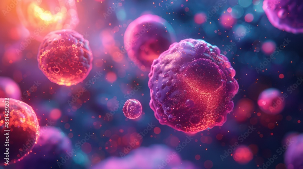 Poster close-up view of vibrant and colorful cells in a microscopic environment, showcasing their detailed 