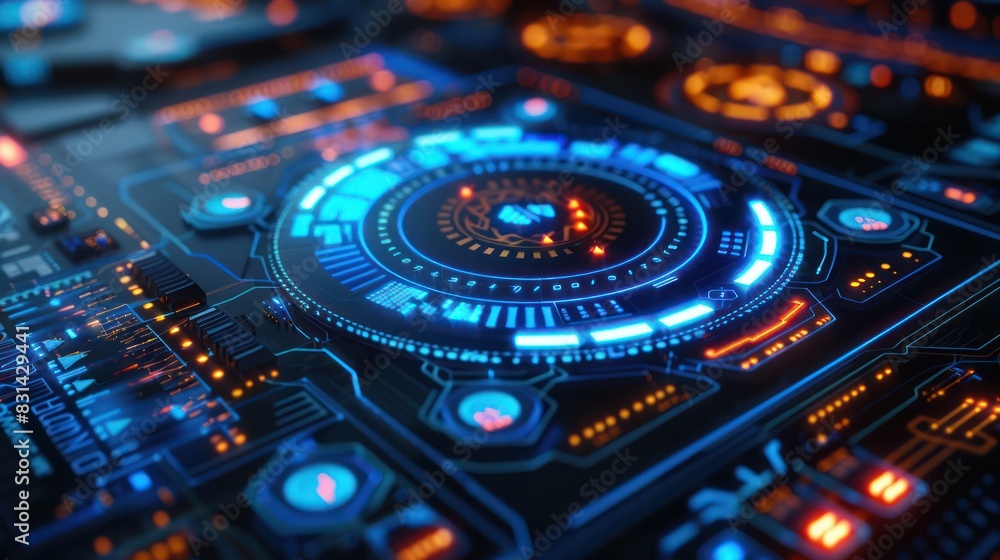 Poster futuristic digital interface with blue and orange lights, representing advanced technology and innov