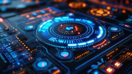 Obraz premium Futuristic digital interface with blue and orange lights, representing advanced technology and innovation in data visualization.