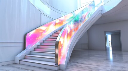 A modern staircase with a handrail that doubles as a digital display, showcasing an ever-changing...