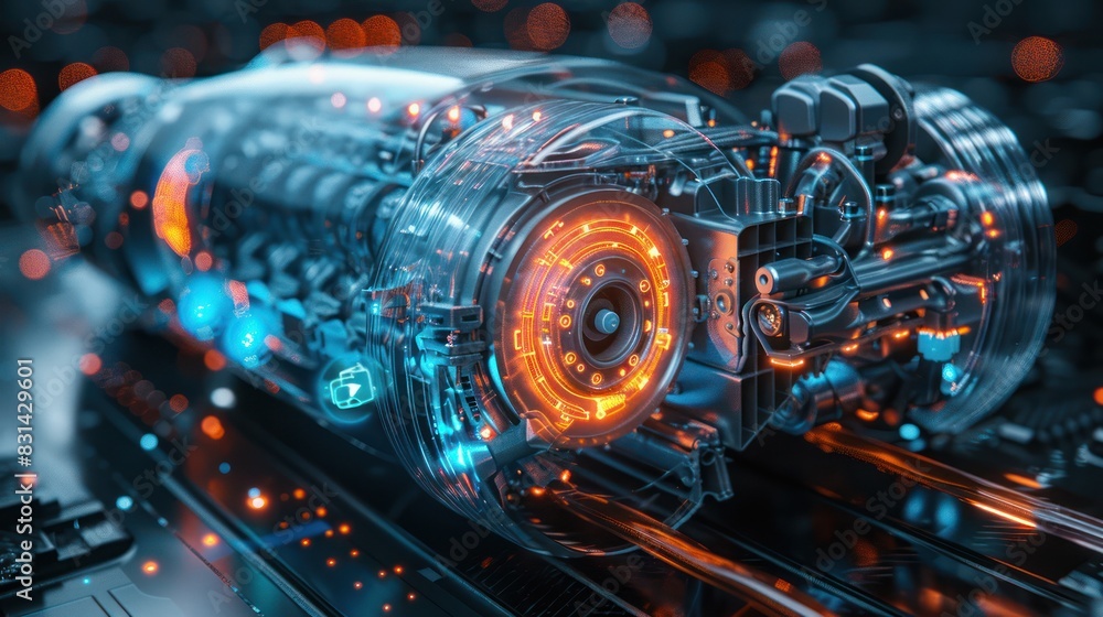 Poster futuristic glowing technology engine with intricate details, showcasing advanced engineering and inn