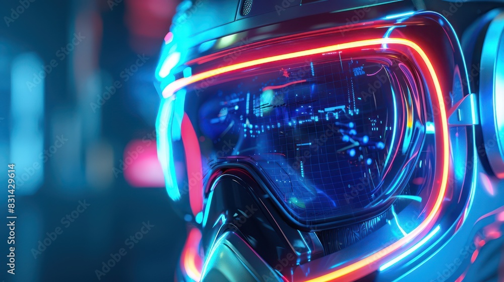 Poster futuristic helmet with neon lights and digital interface, symbolizing modern technology and advanced