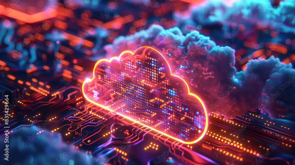 Poster futuristic neon cloud computing concept with glowing circuits and lights, representing data transfer