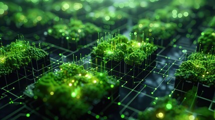 Obraz premium Futuristic green biotech circuits blending organic elements with technology, showcasing innovation in a technological forest.