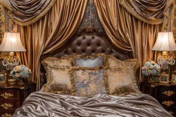Luxurious hotel bedroom with ornate decor and warm lighting, creating an opulent and elegant atmosphere