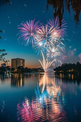Fototapeta premium Fireworks lighting up Orlando skyline over tranquil lake during celebration event